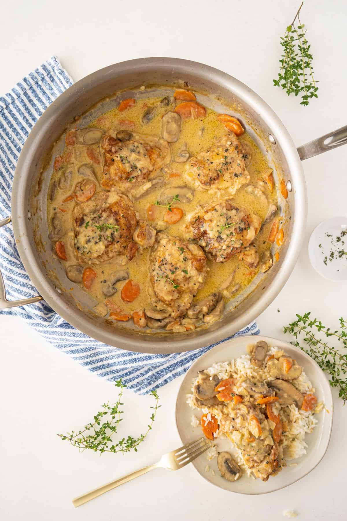 Chicken Fricassee in a large metal skillet