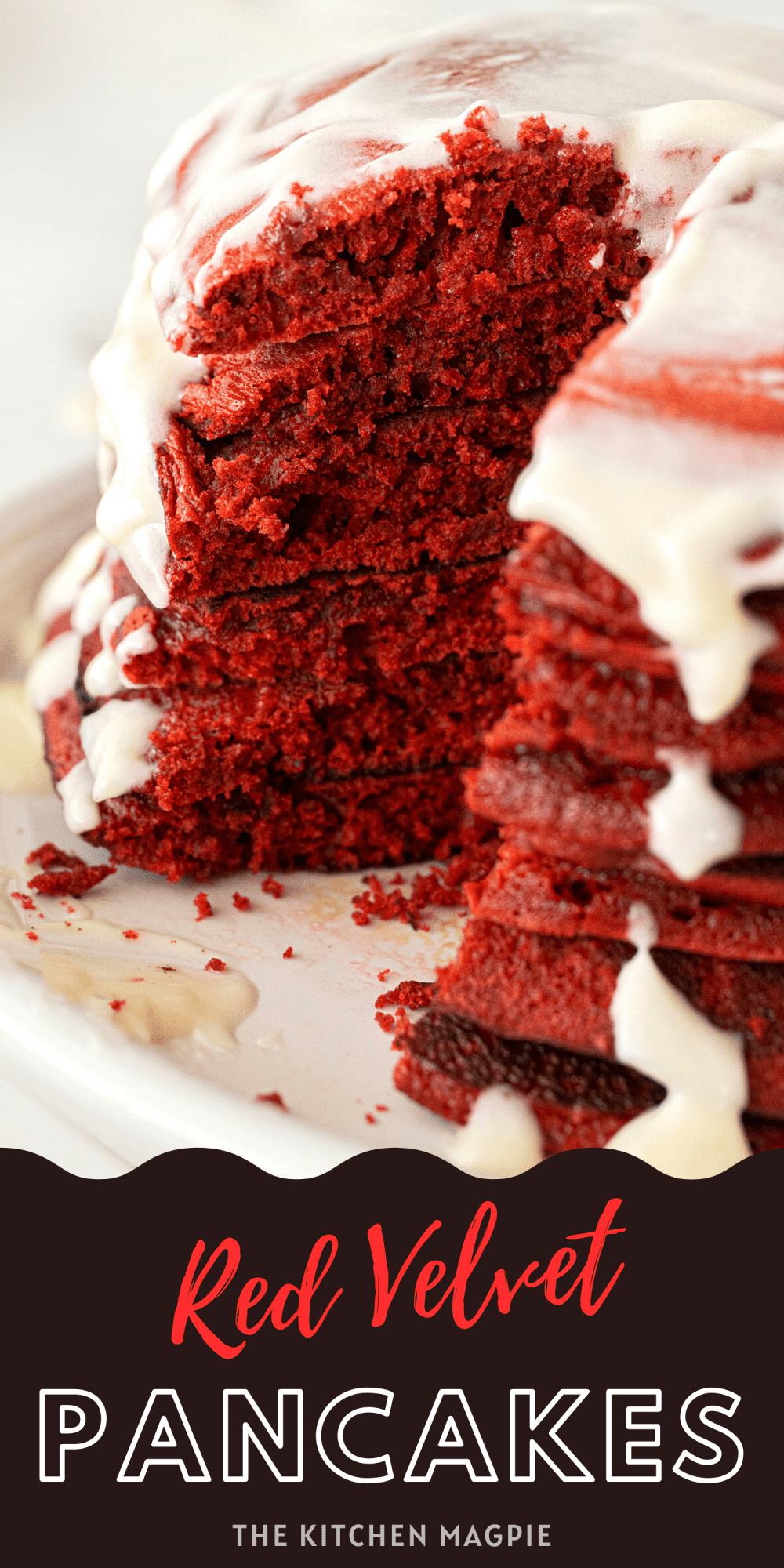 Red Velvet pancakes that are made from cake batter and will work with any cake mix you choose. Perfect for kids birthday parties or Monday mornings. #pancakes #redvelvet #creamcheese #breakfast 
