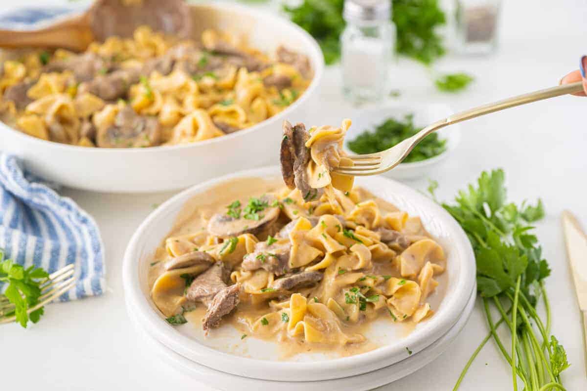 beef stroganoff on a white plate with a fork 