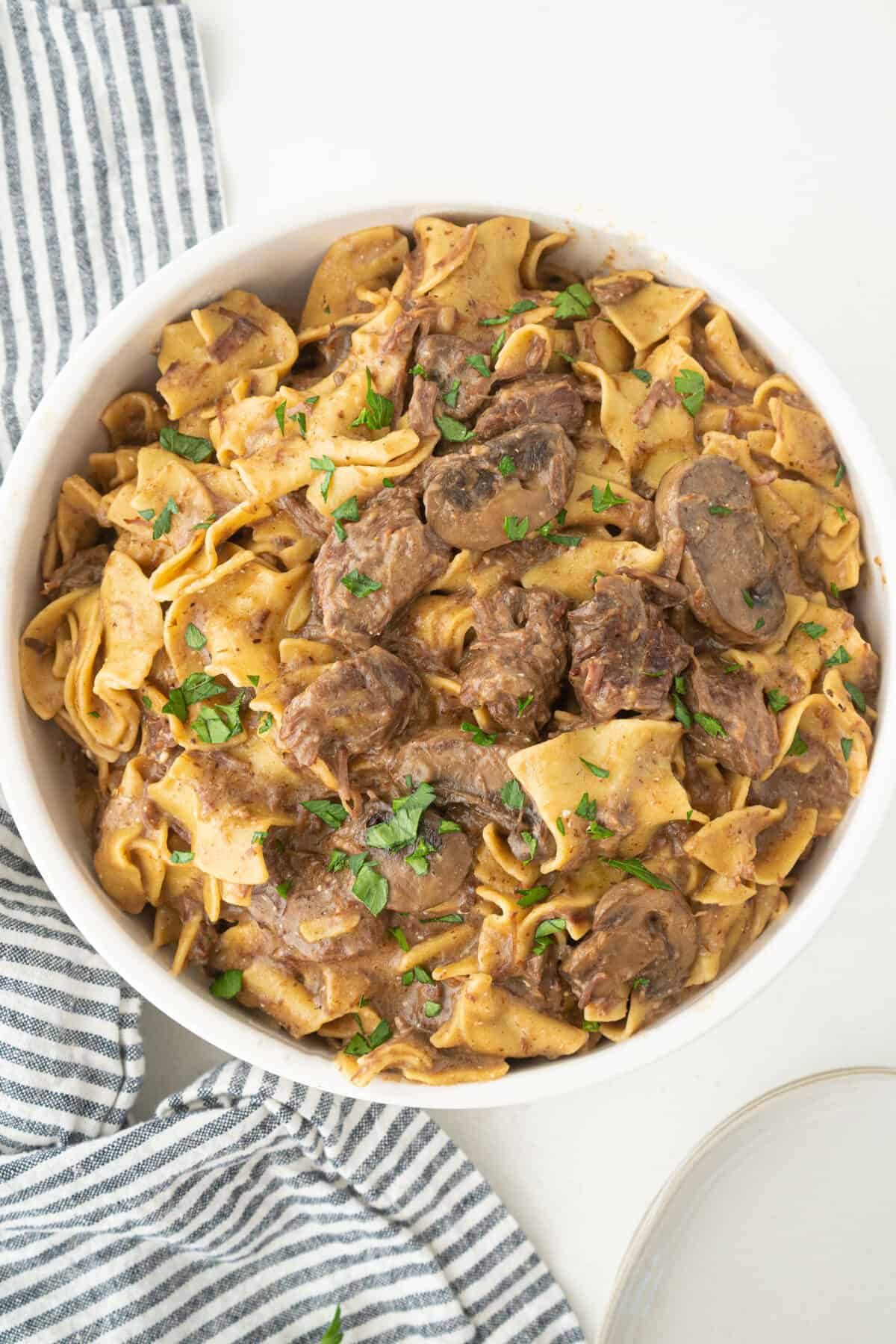 bowl full of beef stroganoff with egg noodles