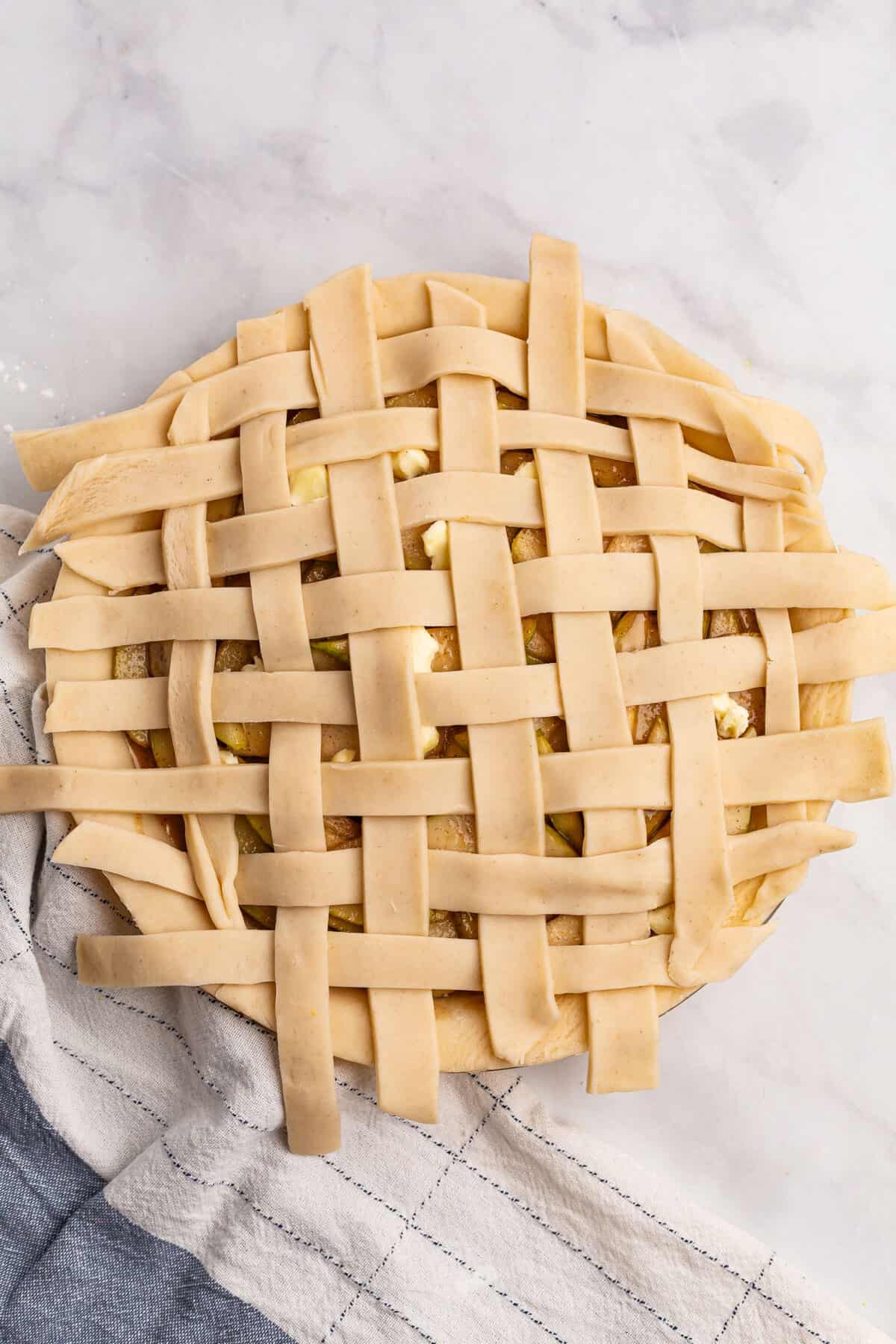 lattice crust on a pear pie