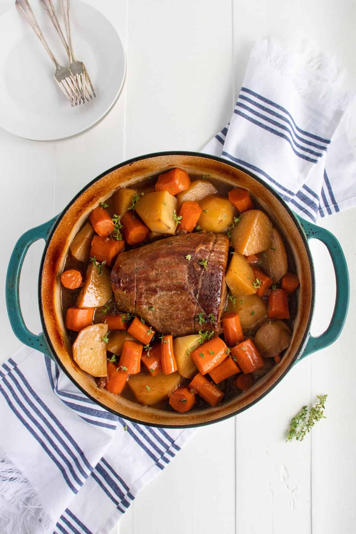 cooked rump roast in Dutch oven