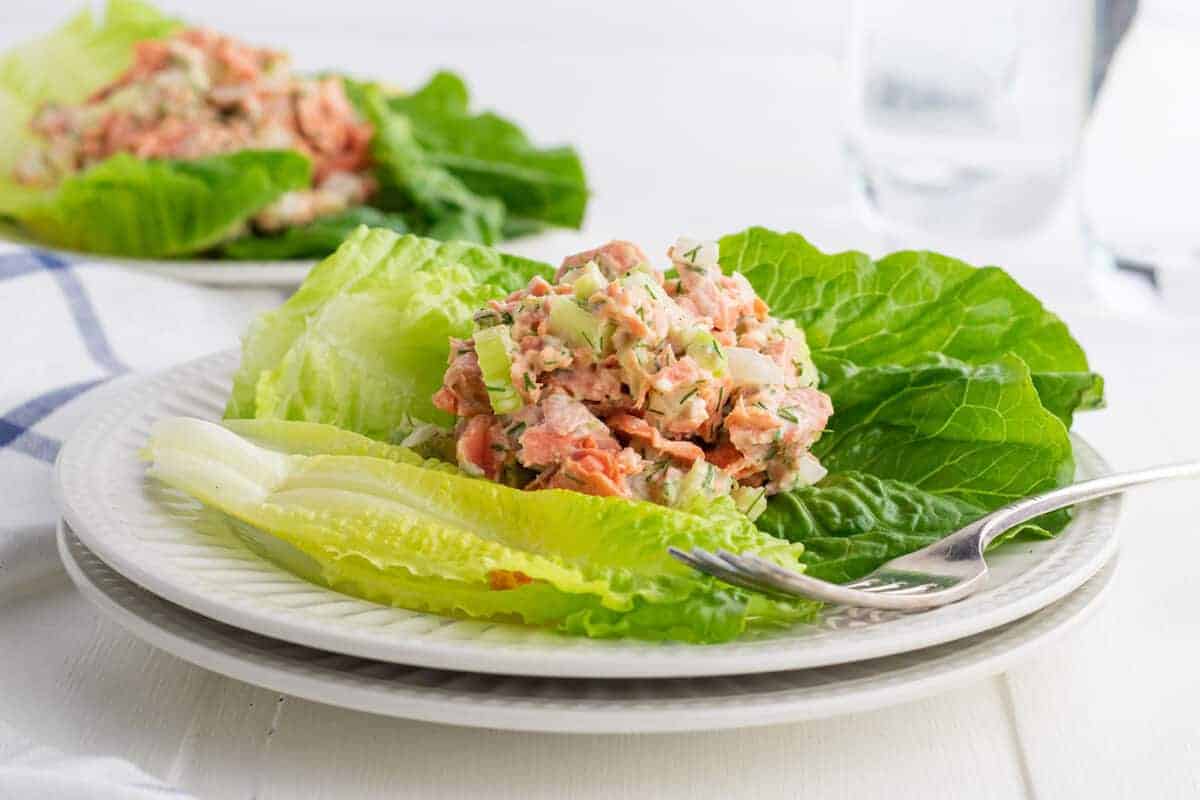 salmon salad on a bed of lettuce