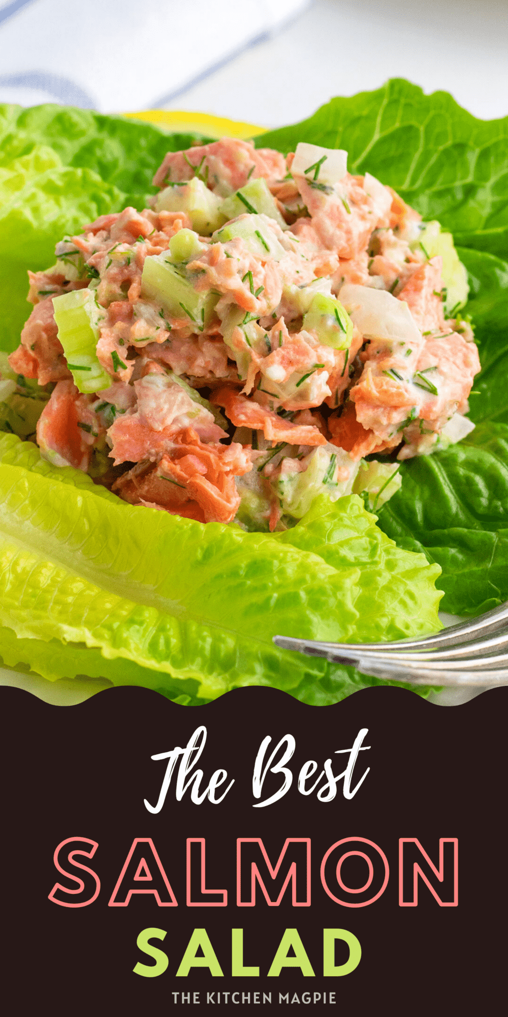 The best salmon salad recipe, loaded with dill celery and avocado. This makes enough for four people to have as a meal.
