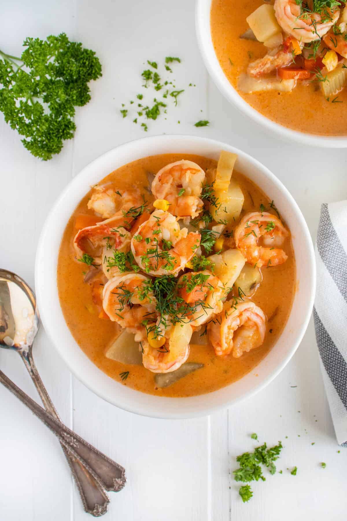 Seafood Chowder in a white bowl