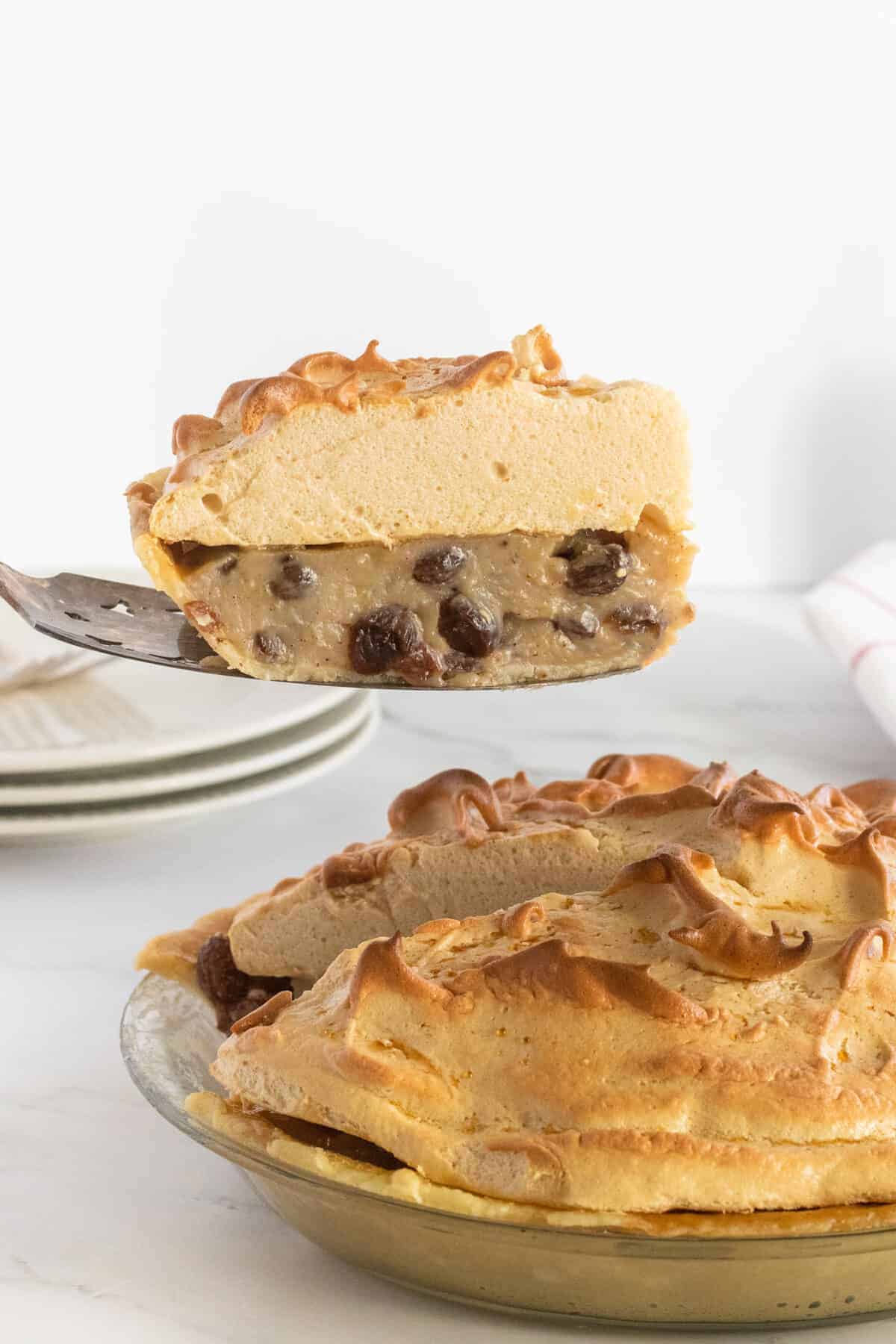 sour cream raisin pie on a pie server