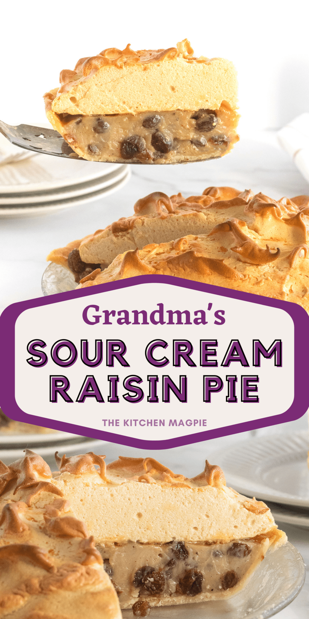 Tangy and sweet, this sour cream raisin pie is just like Grandma used to make! This custard and raisin filled pie is topped with a decadent meringue topping for pie perfection!  