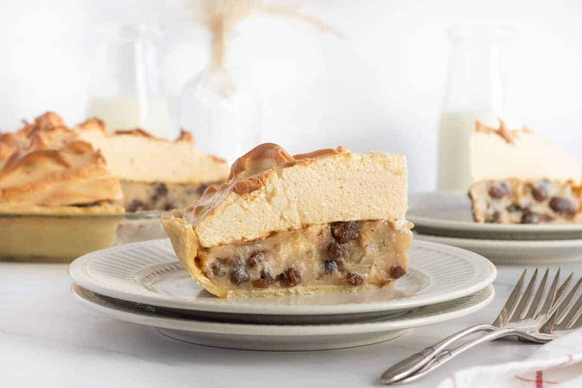 sour cream raisin pie on a white plate