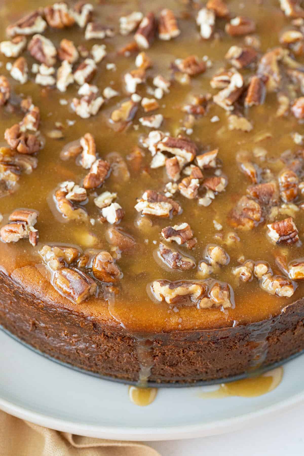 caramel pecan topping on a sweet potato cheesecake 