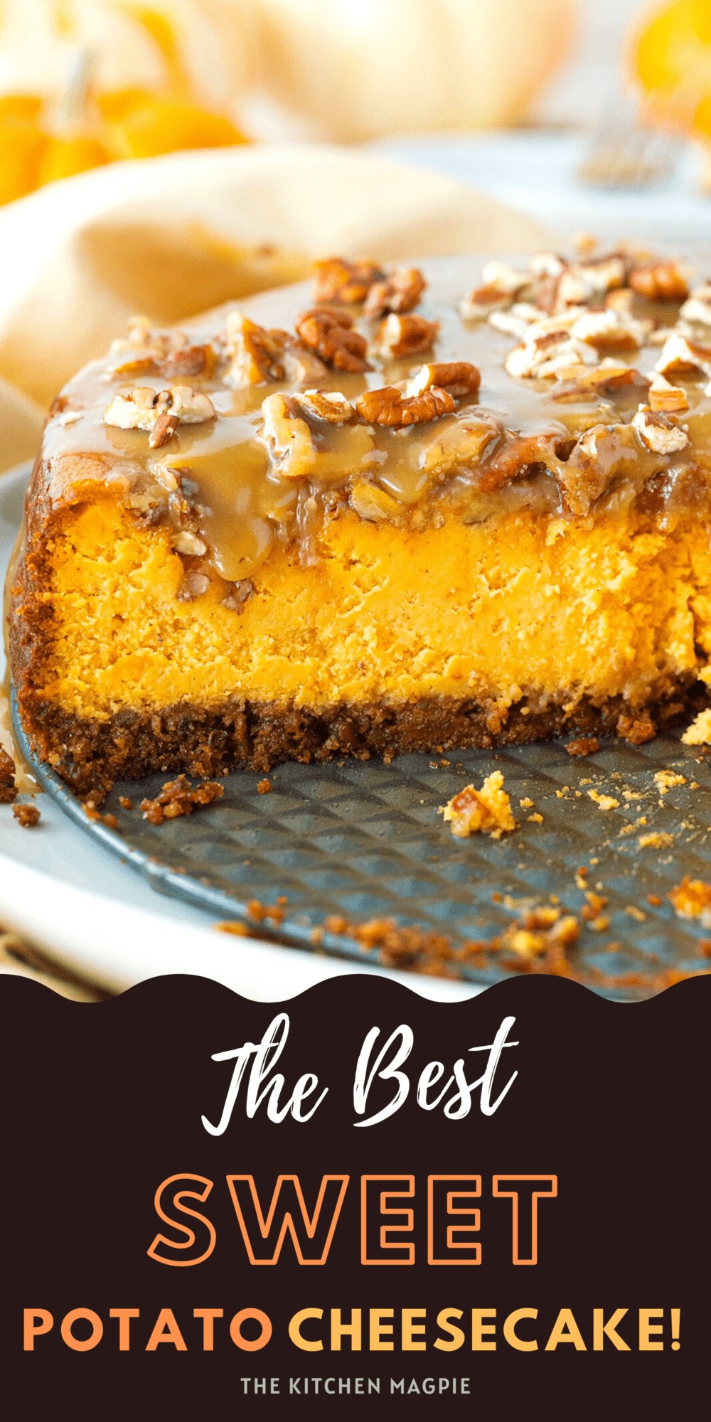 A cinnamon graham cracker crust is topped with a decadent sweet potato cheesecake, a delicious twist to your holiday favorites!