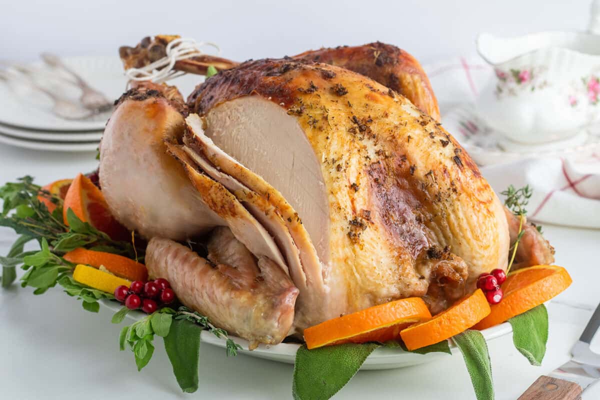 roast Thanksgiving turkey on a white platter