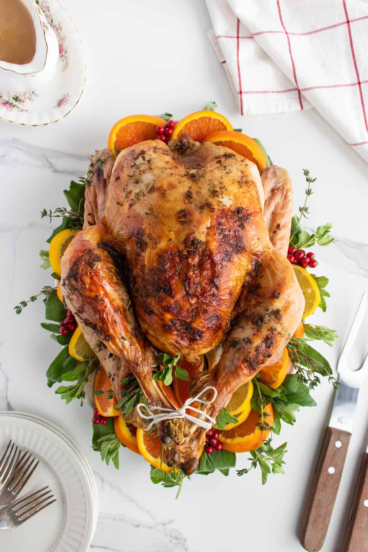 crispy roasted Thanksgiving turkey on a white platter 