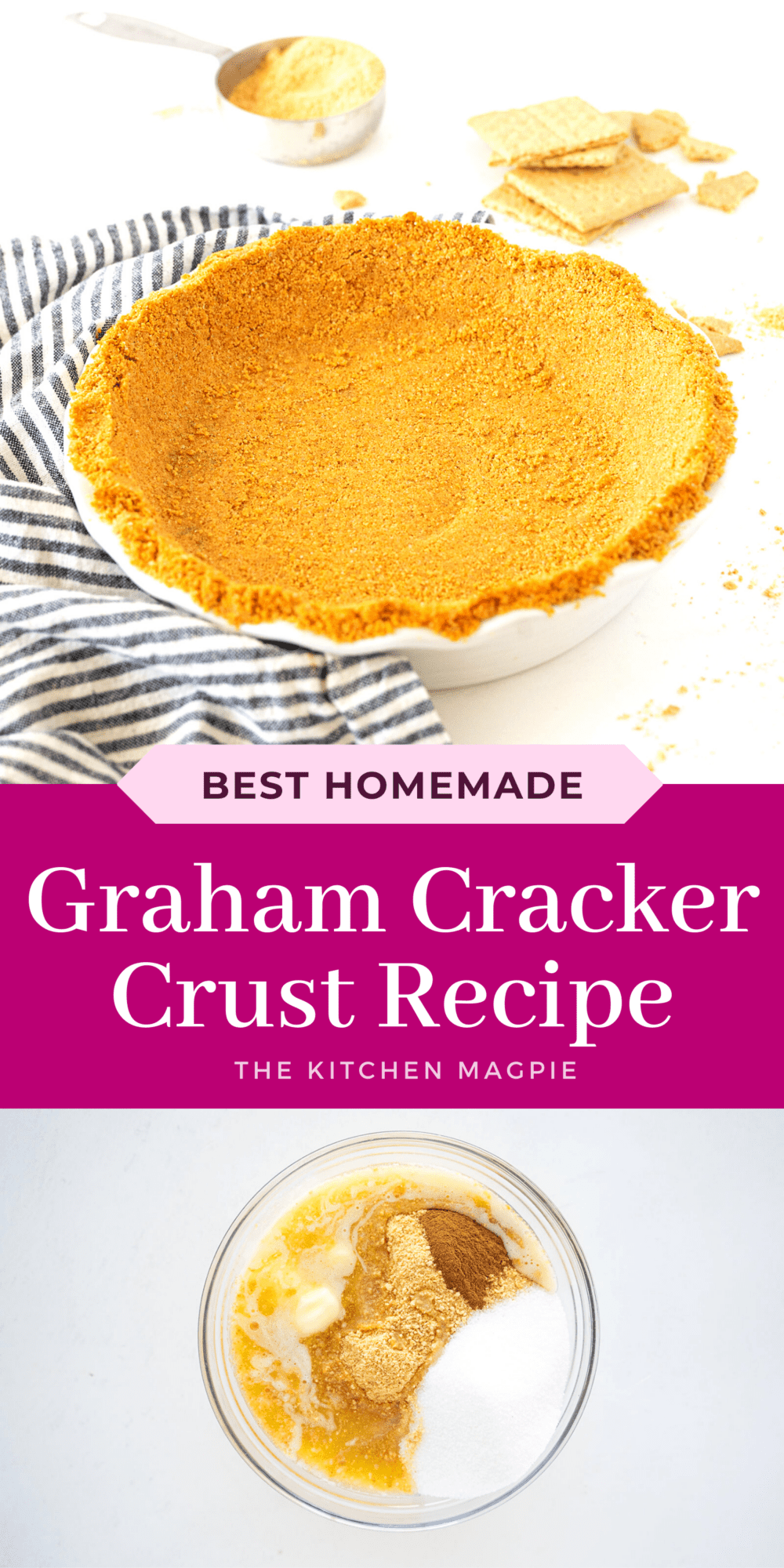 How to make the perfect graham cracker crust for your dessert recipe! You can sub in cookie crumbs, or chocolate crumbs for the graham crackers in this recipe as well. 