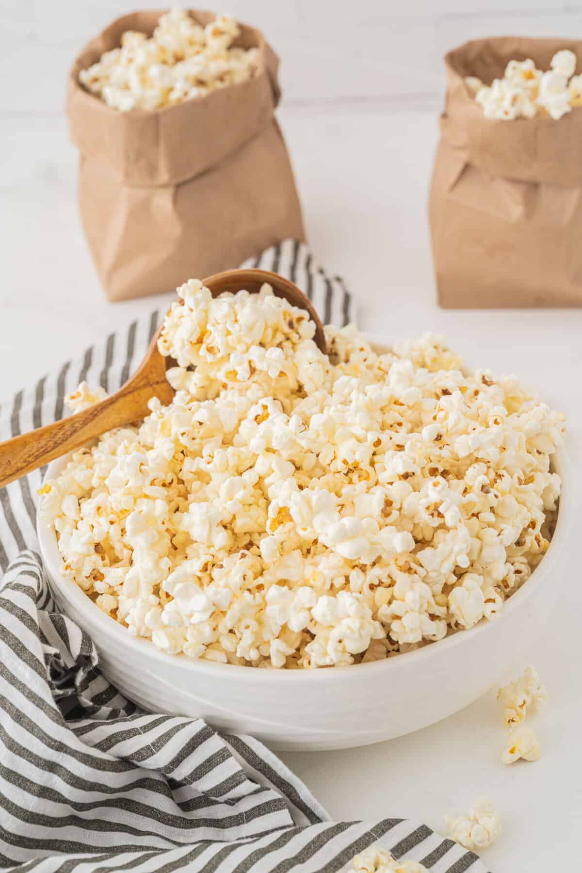 kettle corn in a white bowl 