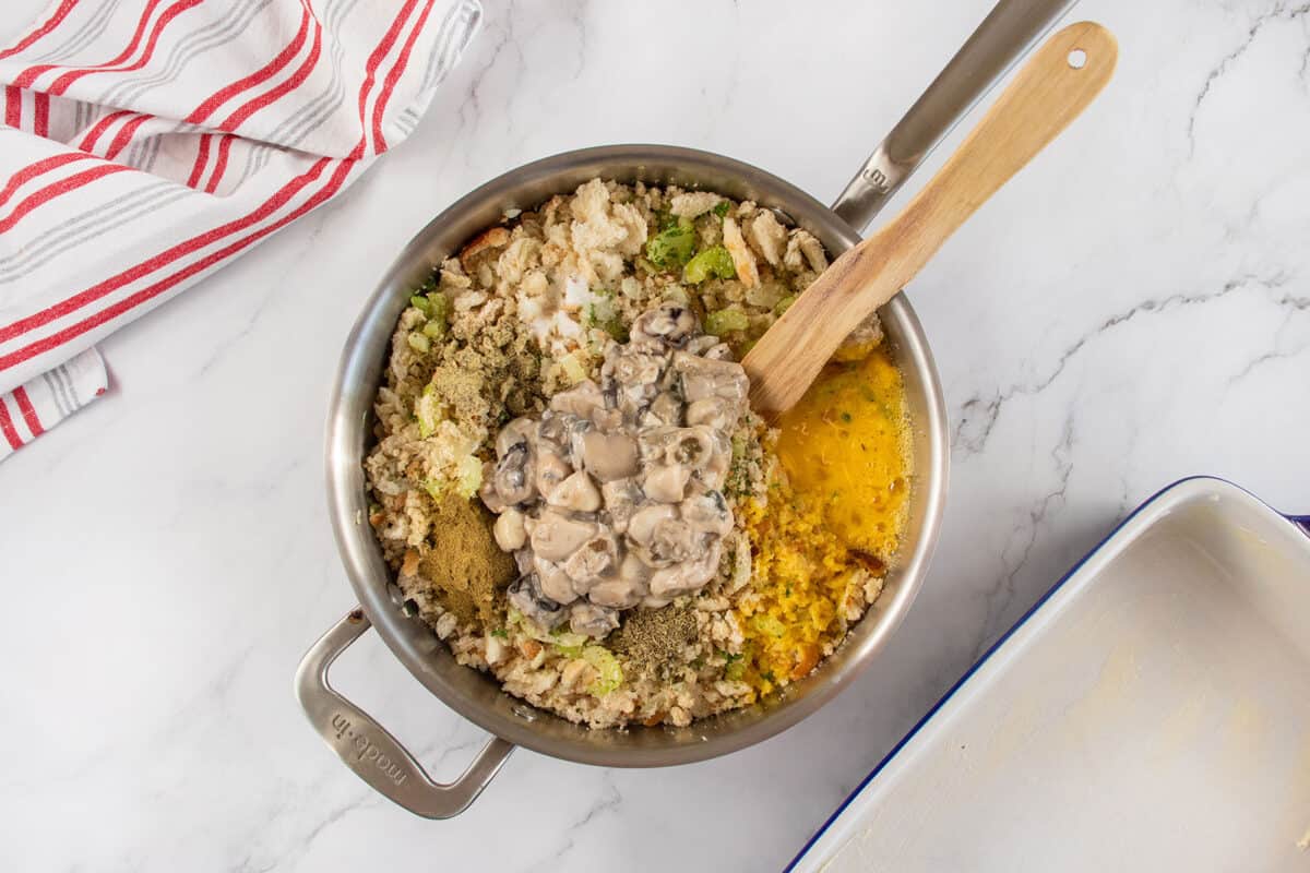 making oyster dressing in a pan