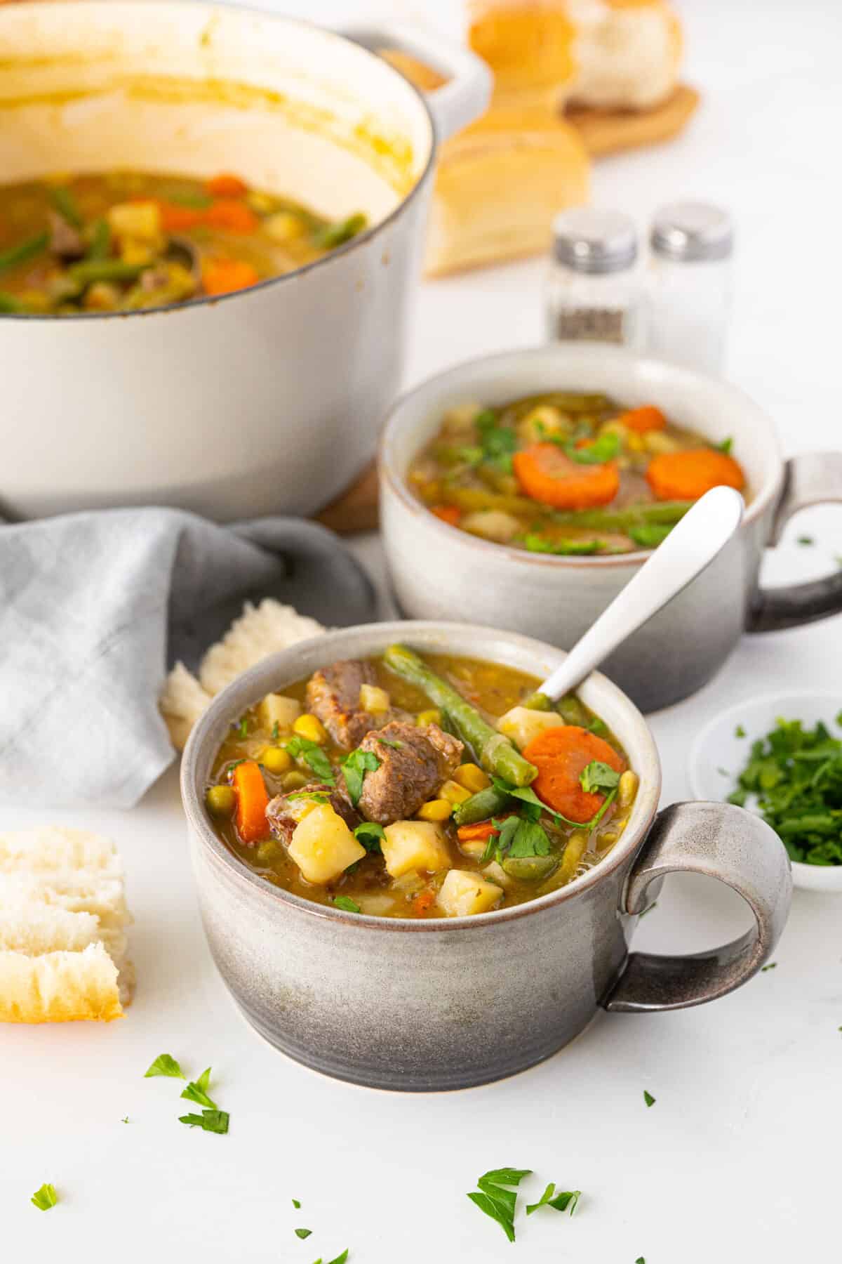 Mulligan stew in a grey bowl 