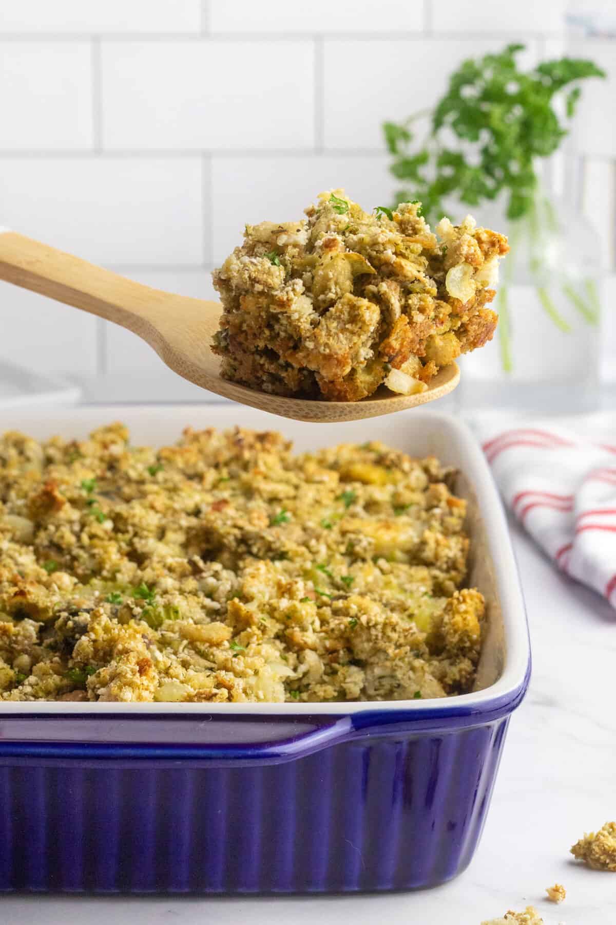 Oyster Dressing on a wooden spoon