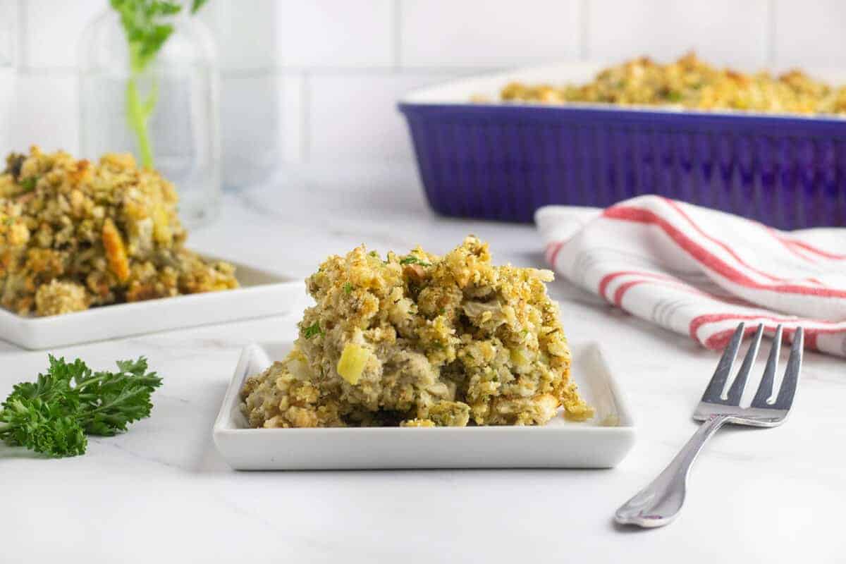 Oyster Dressing on a white plate