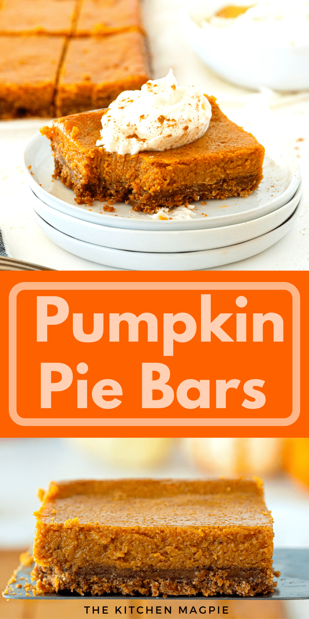These pumpkin pie bars are the perfect way to feed a crowd pumpkin pie! A graham cracker crust is topped with pumpkin pie filling and sliced into 12 bars!