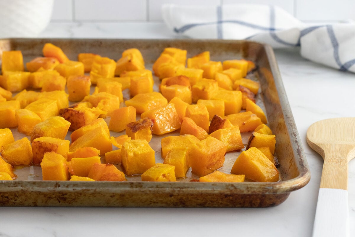 roasted butternut squash on a baking sheet