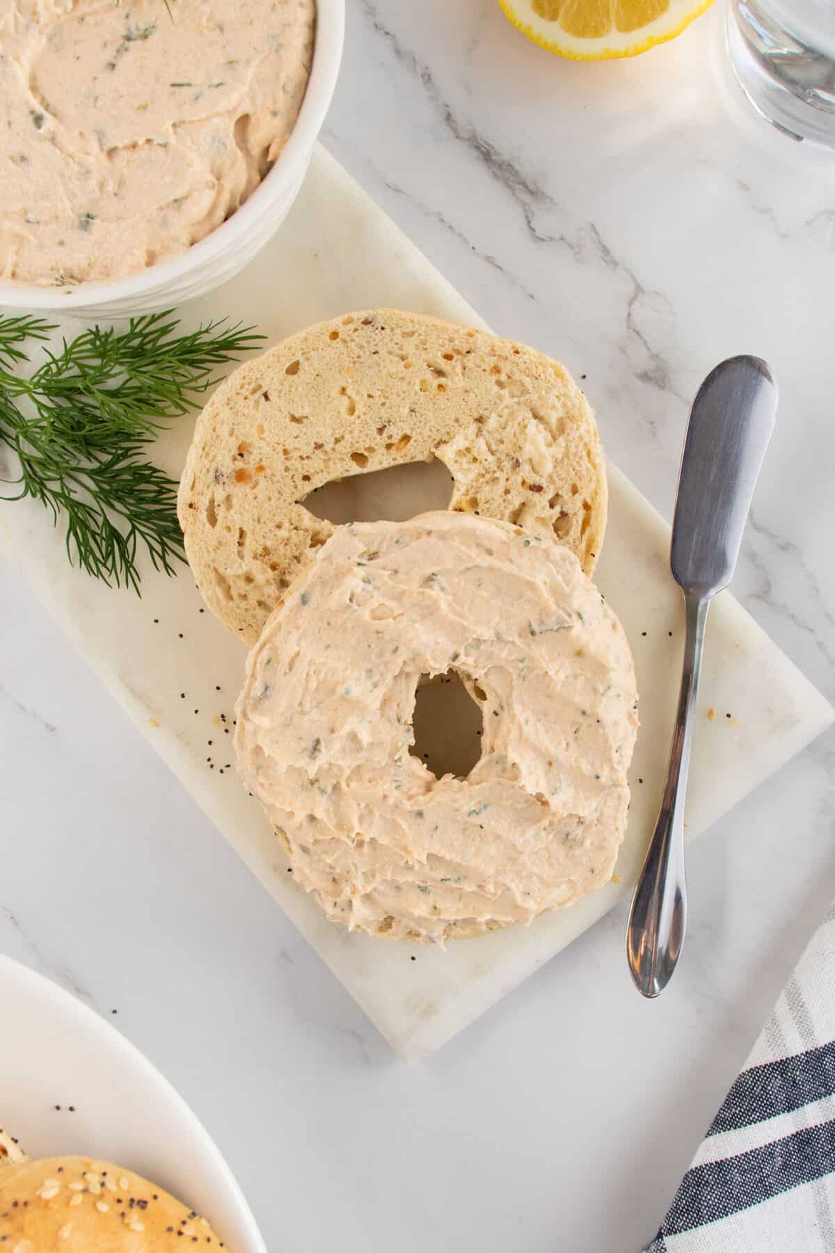 smoked salmon dip spread on a bagel