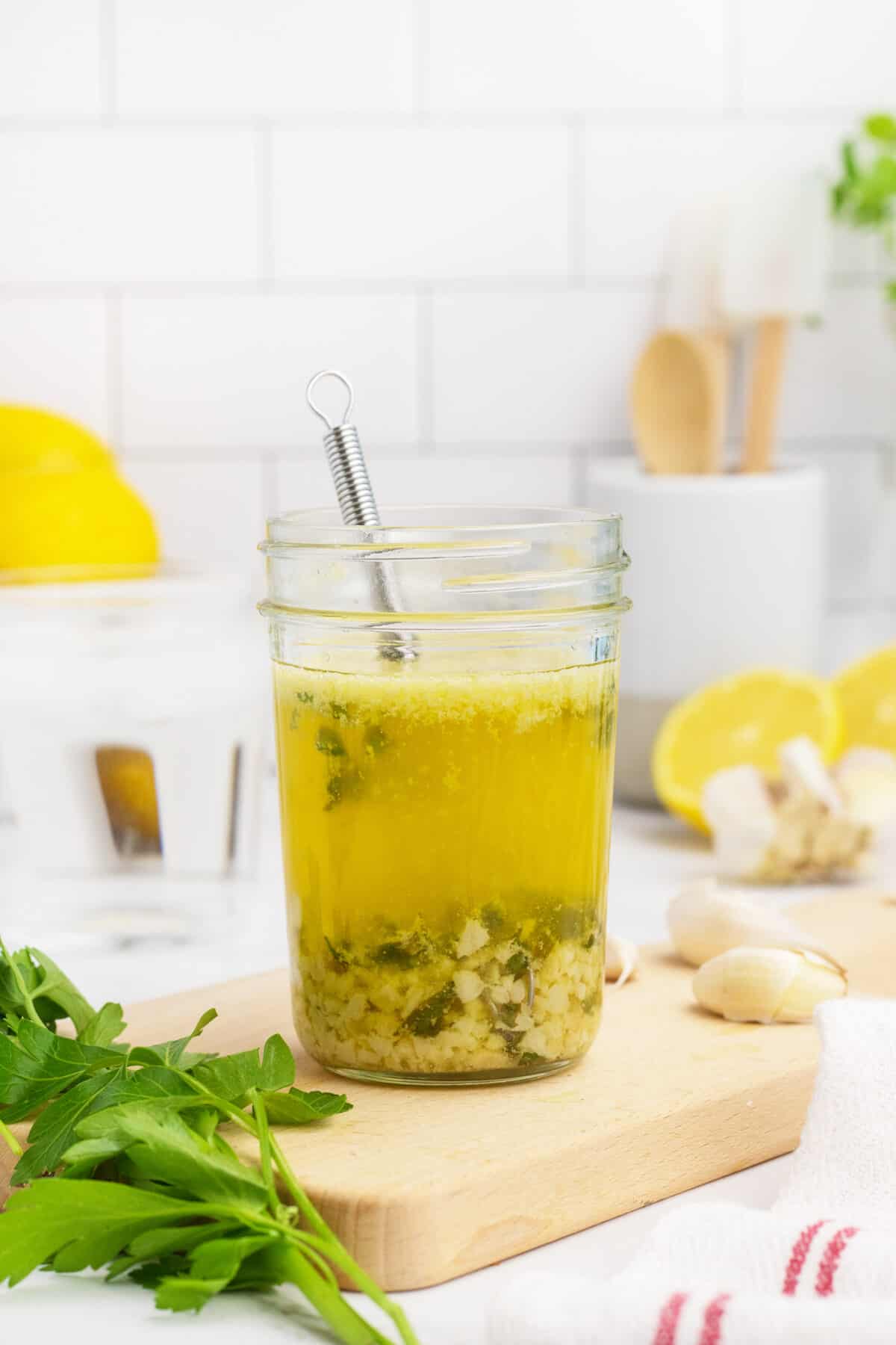 Garlic butter sauce in a mason jar