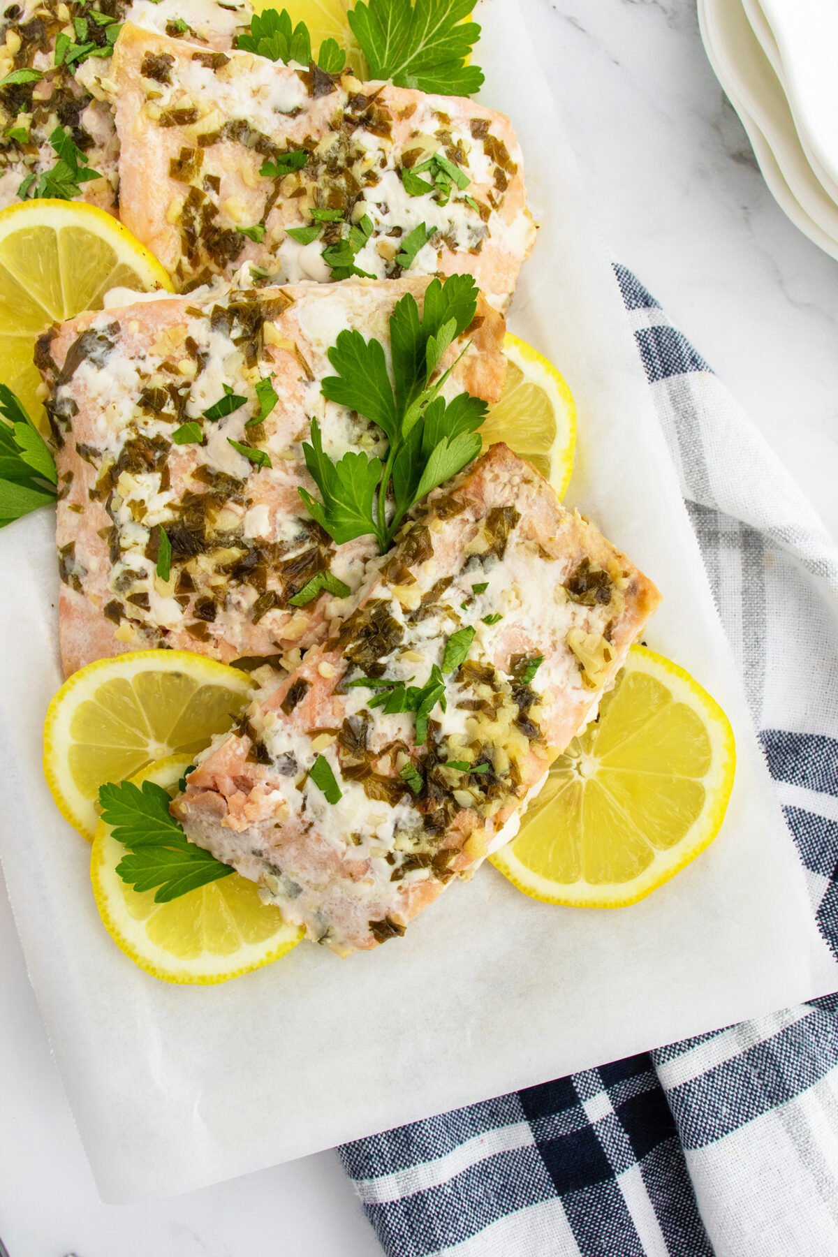 Garlic Butter Salmon on a platter