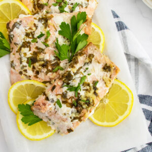 Garlic Butter Salmon on a platter