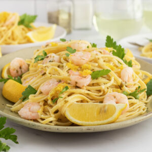 Garlic shrimp pasta on plate