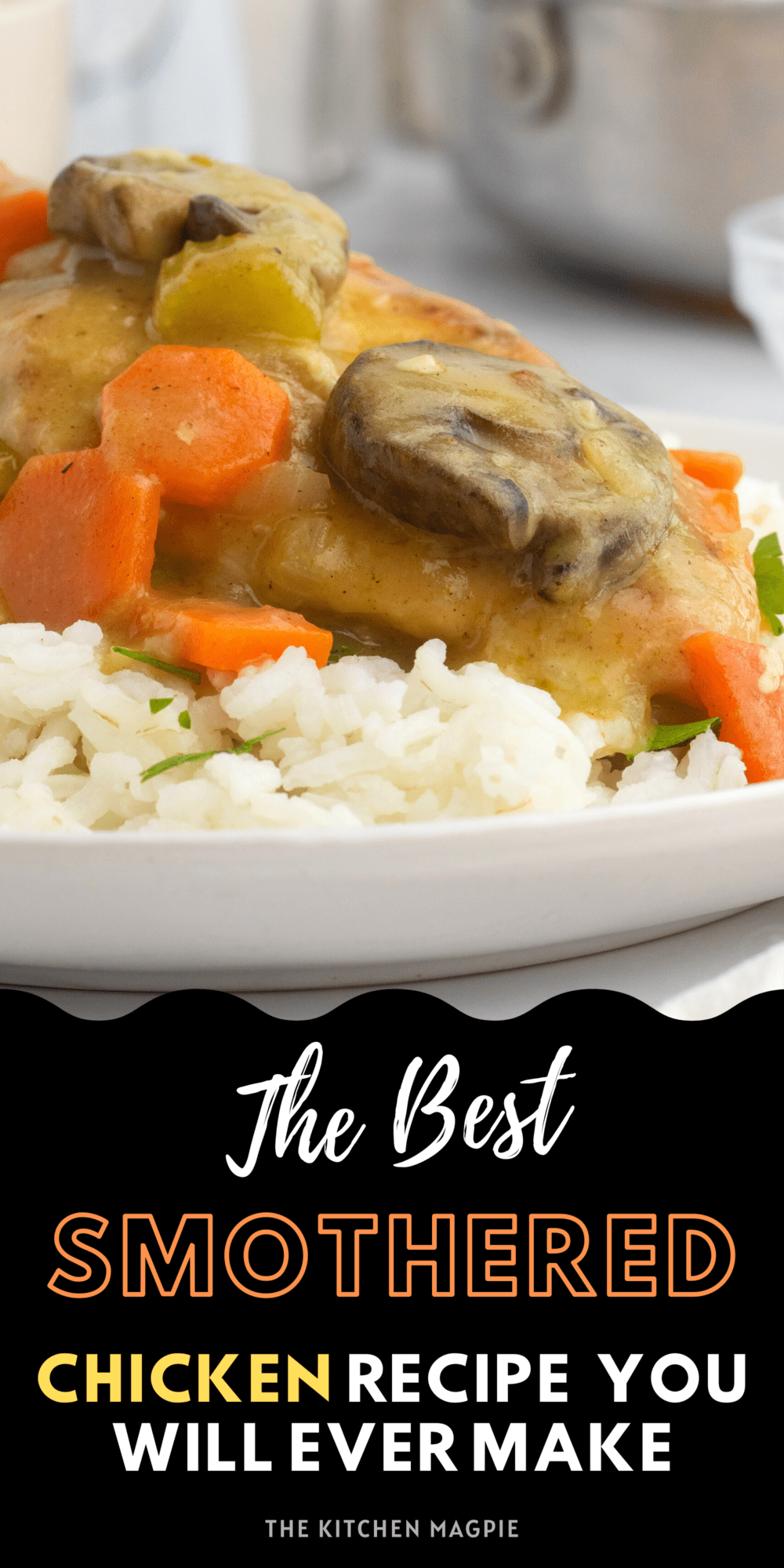 Delicious smothered chicken in a thick, vegetable laden gravy. The perfect meal to serve over rice or pasta!