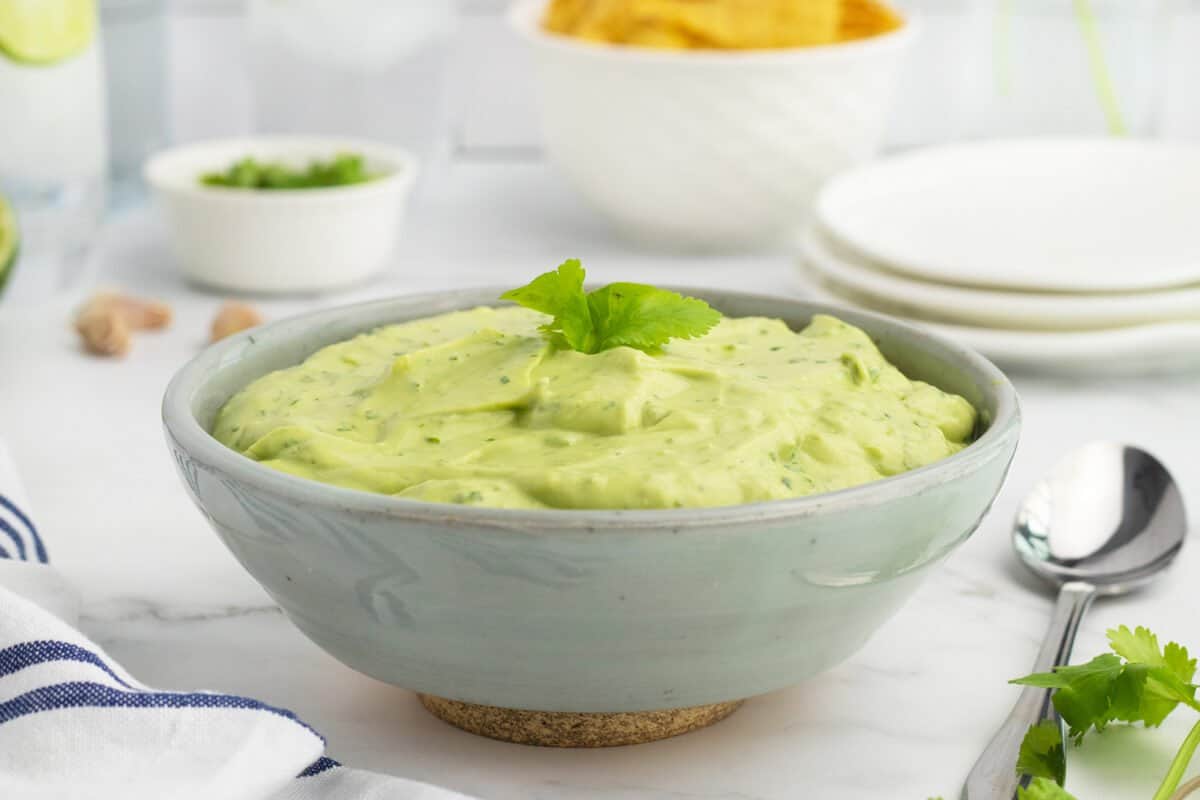 Avocado Crema in a large grey bowl