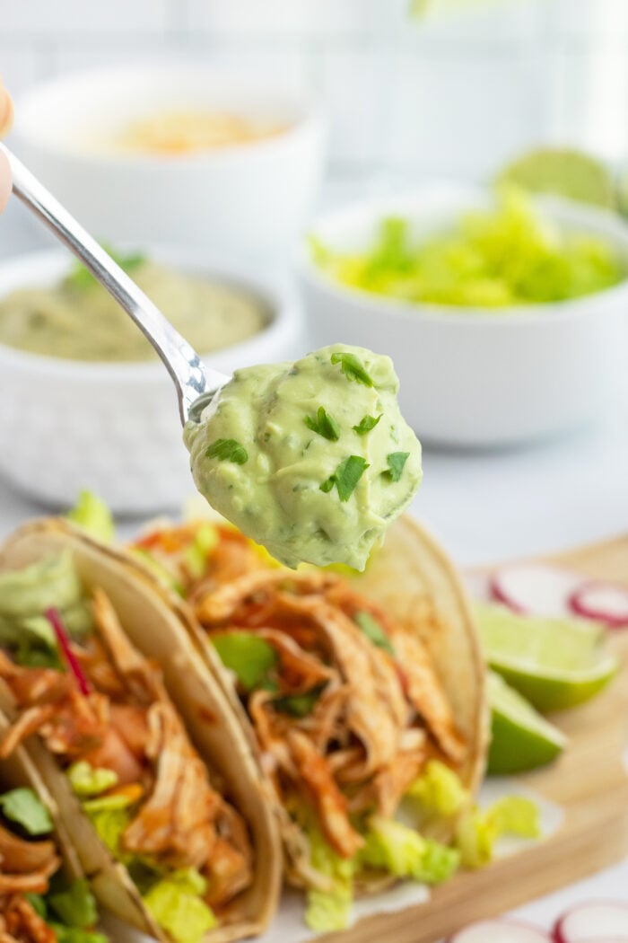 Avocado crema on spoon