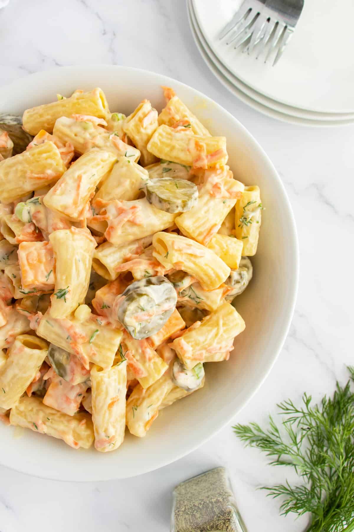Dill Pickle Pasta Salad mixed in white bowl