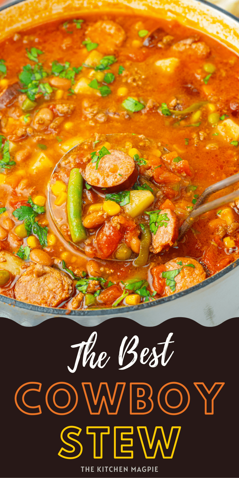 This large, hearty soup is a meal in a bowl! Ground beef, garlic sausage and vegetables are simmered together until it's soup perfection. Serve with cornbread for the perfect meal.