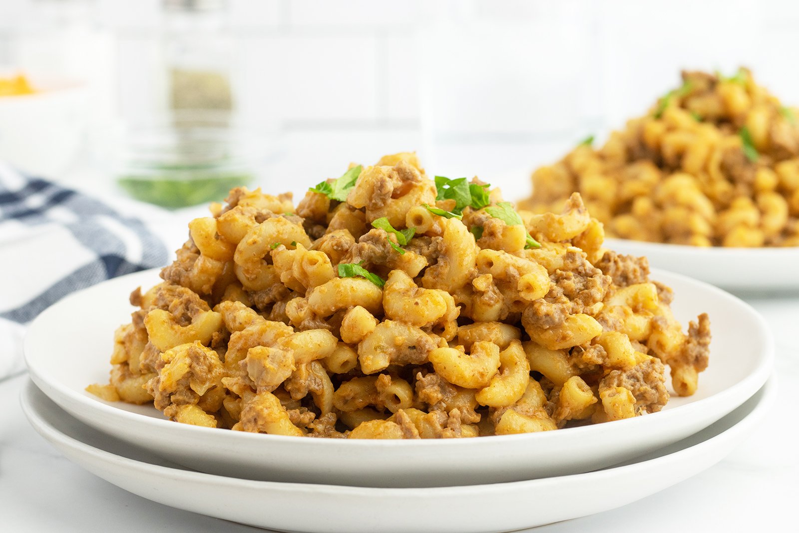 Hamburger casserole cooked in skillet.