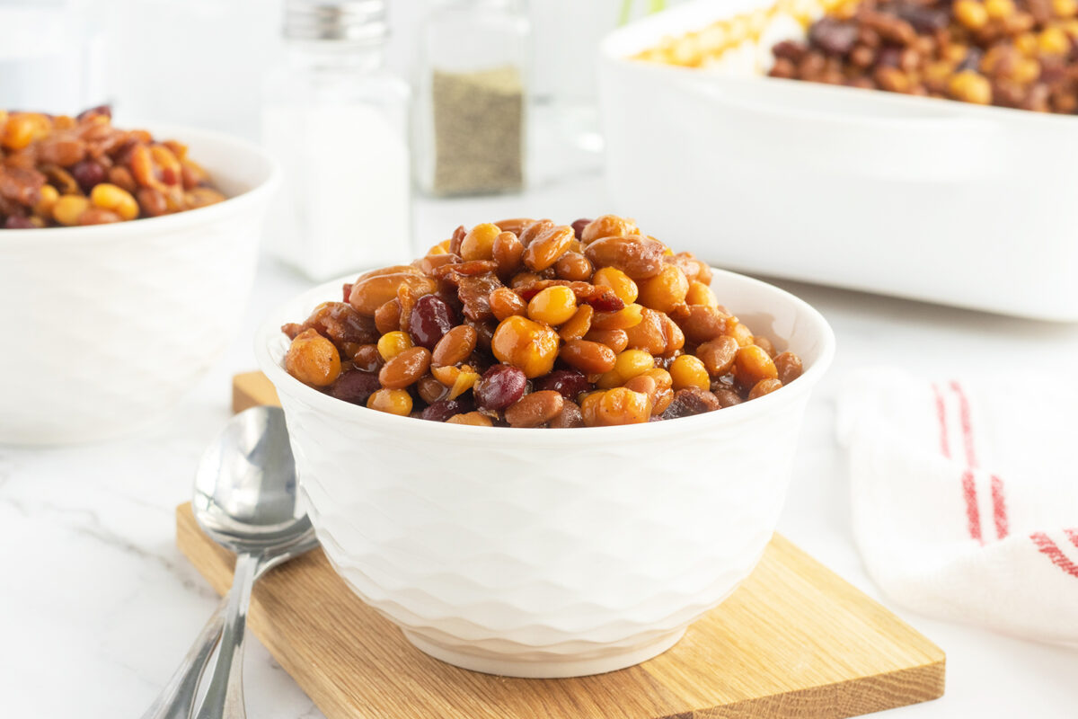 Homemade baked beans in white bowl