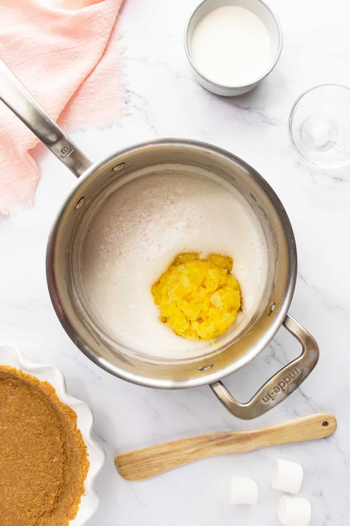 Marshmallow Pineapple Pie ingredients in pot
