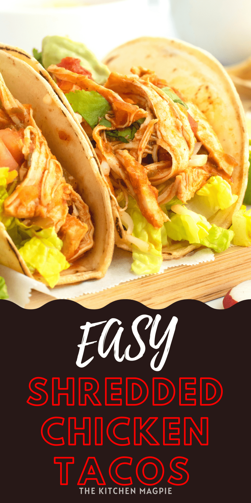 These shredded chicken tacos are the perfect easy weeknight dinner! Prep your toppings and avocado crema while the chicken cooks for an fast but incredibly delicious meal!