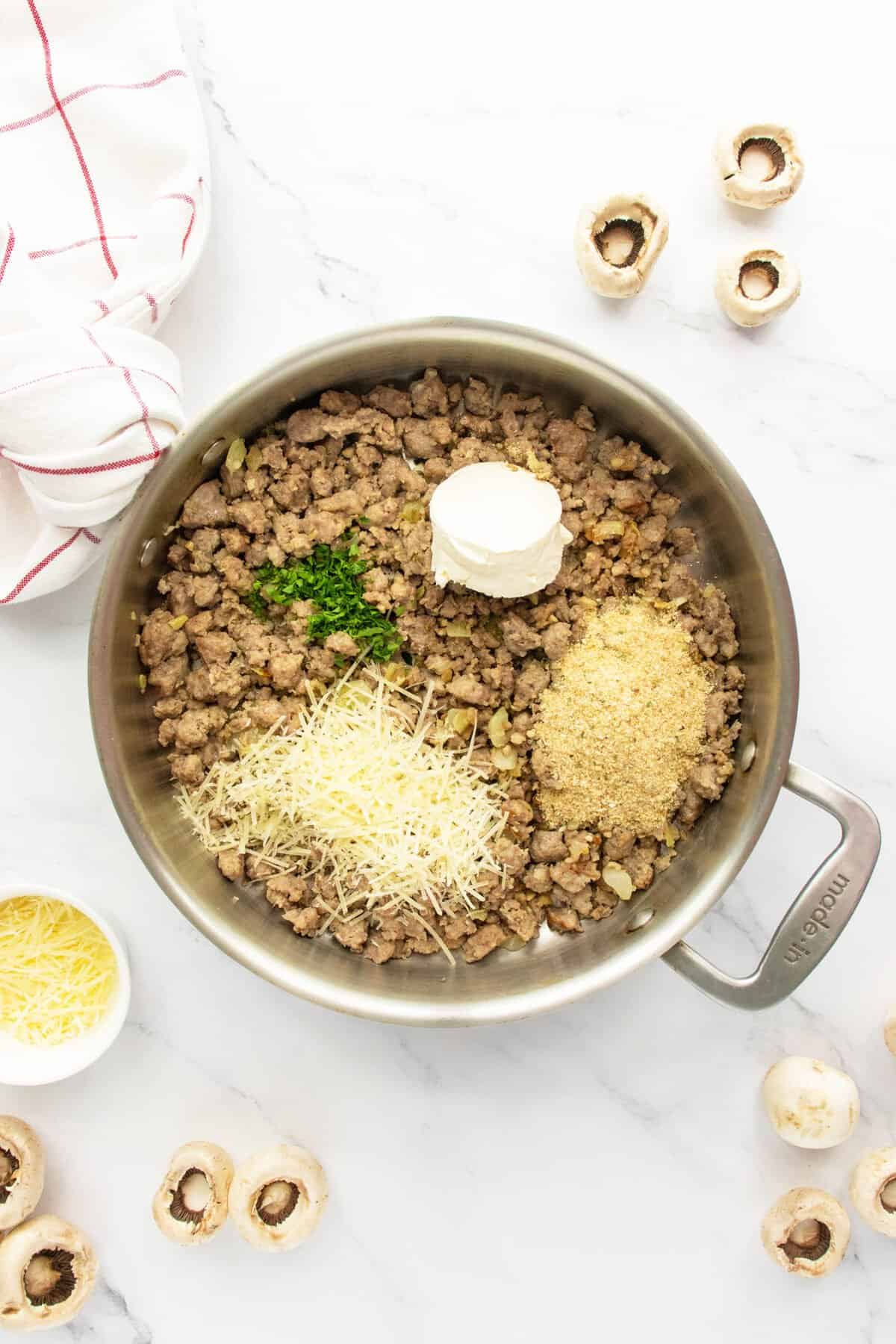 Sausage stuffed mushrooms  ingredients in pan