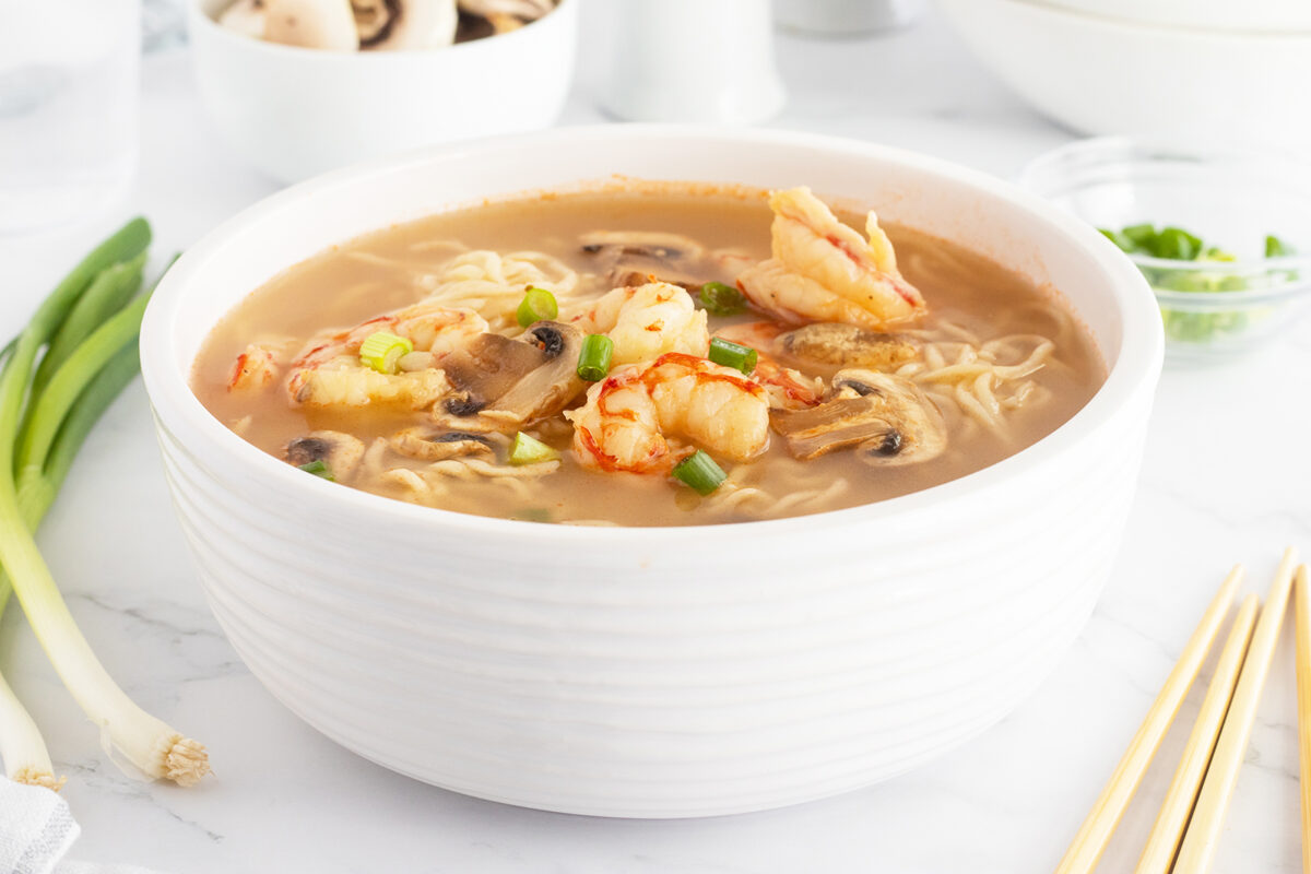 Shrimp soup in a white bowl