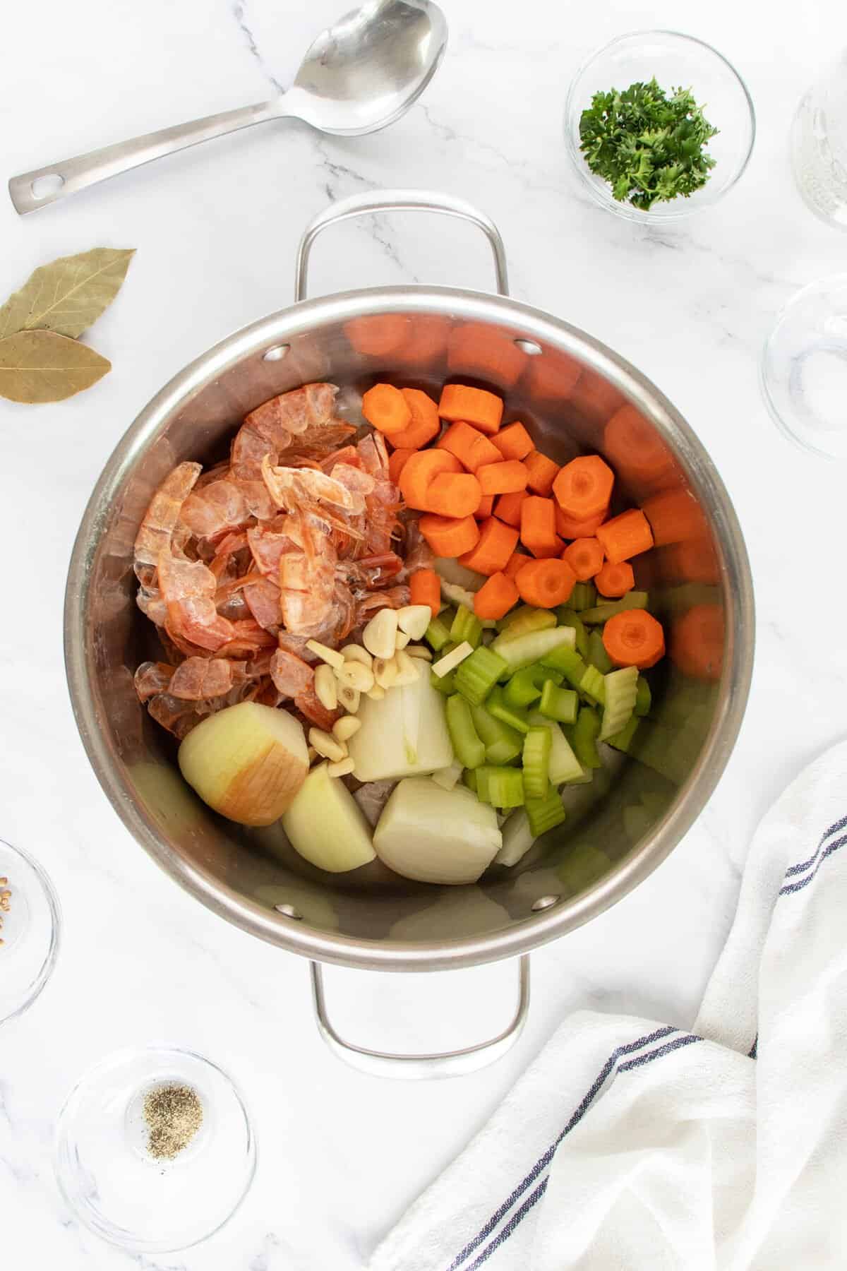 Shrimp Stock ingredients in pot