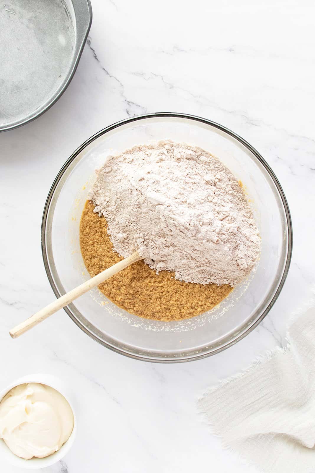 Spice Cake wet and dry ingredients in mixing bowl