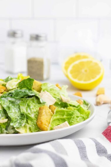 Chicken Caesar Salad close up on plate