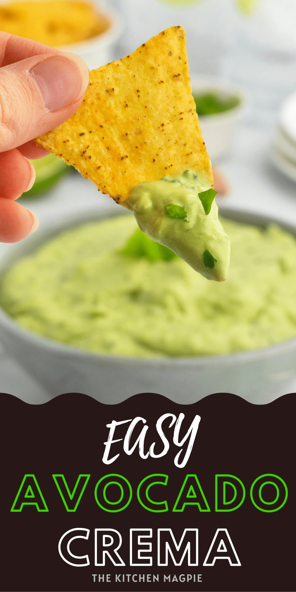 Delicious and easy avocado crema is perfect for topping your tacos, nachos or simply using as a dip for your chips! Using the best fresh ingredients really make this shine!