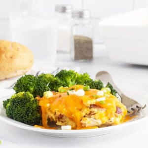 Crack chicken caserole on a plate with broccoli