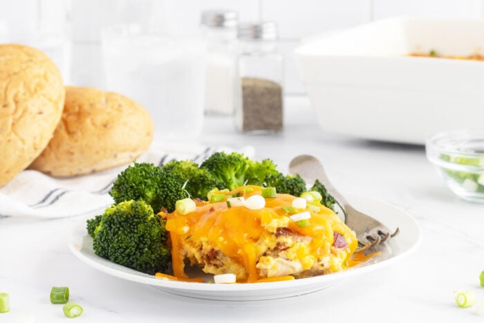 Crack chicken caserole on a plate with broccoli