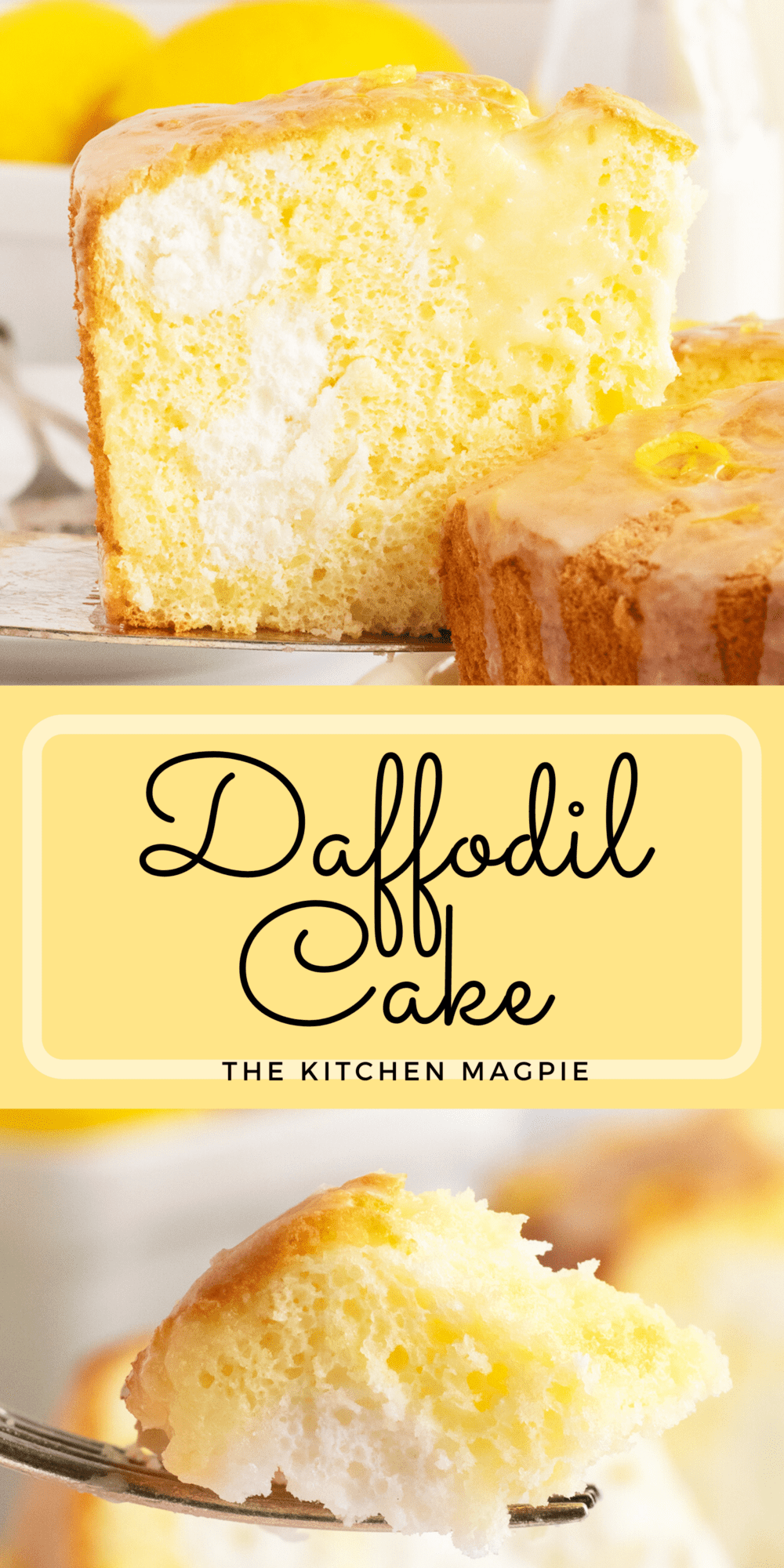 A beautiful yellow and white cake that is light and fluffy with a light lemon glaze.