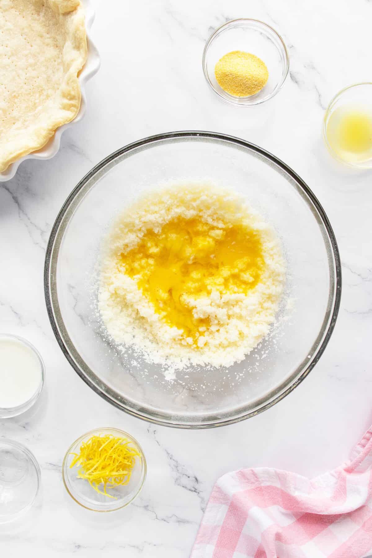 Lemon Chess Pie ingredients in clear bowl