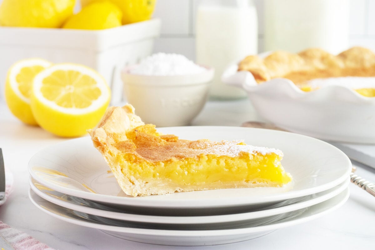 Lemon Chess Pie slice on white plate