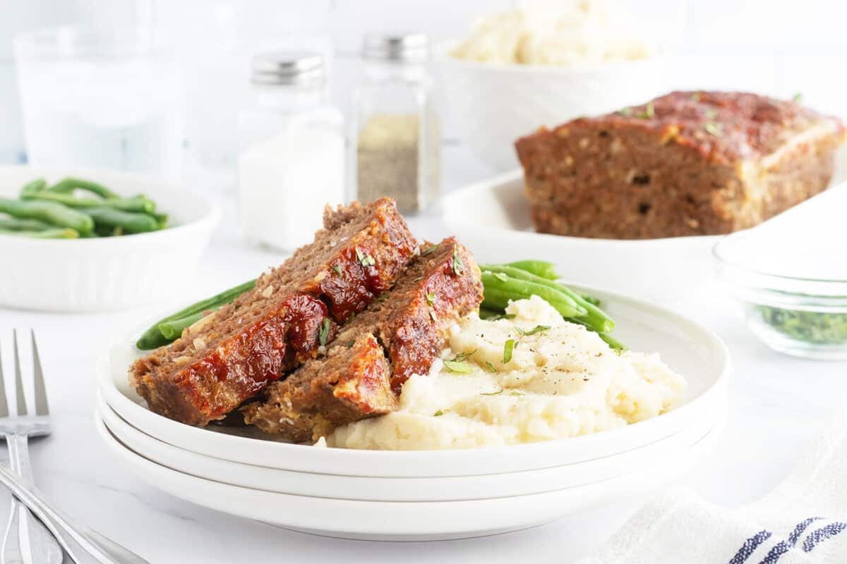Lipton Onion Soup Meatloaf on a plate with potatoes